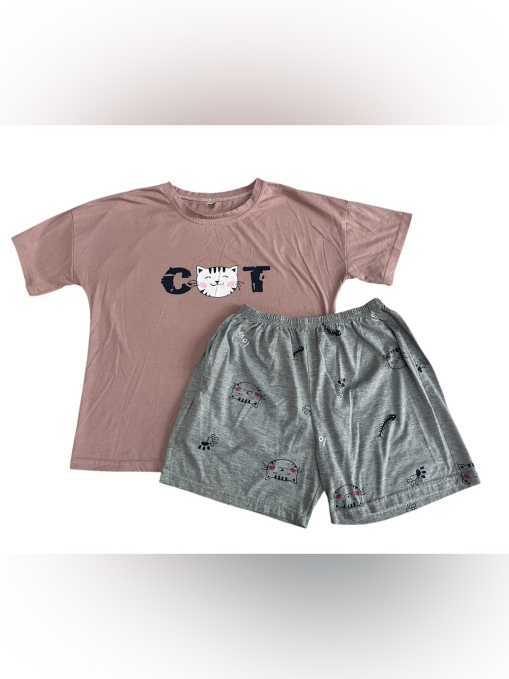 Dark Taupe Tee and Gray Shorts Pajama Set with Cat Theme, Size Youth XL
